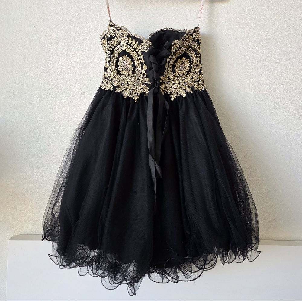 Dancing Queen Black and Gold Strapless Dress - Picture 2 of 12